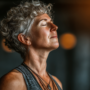 Літня жінка займається йогою