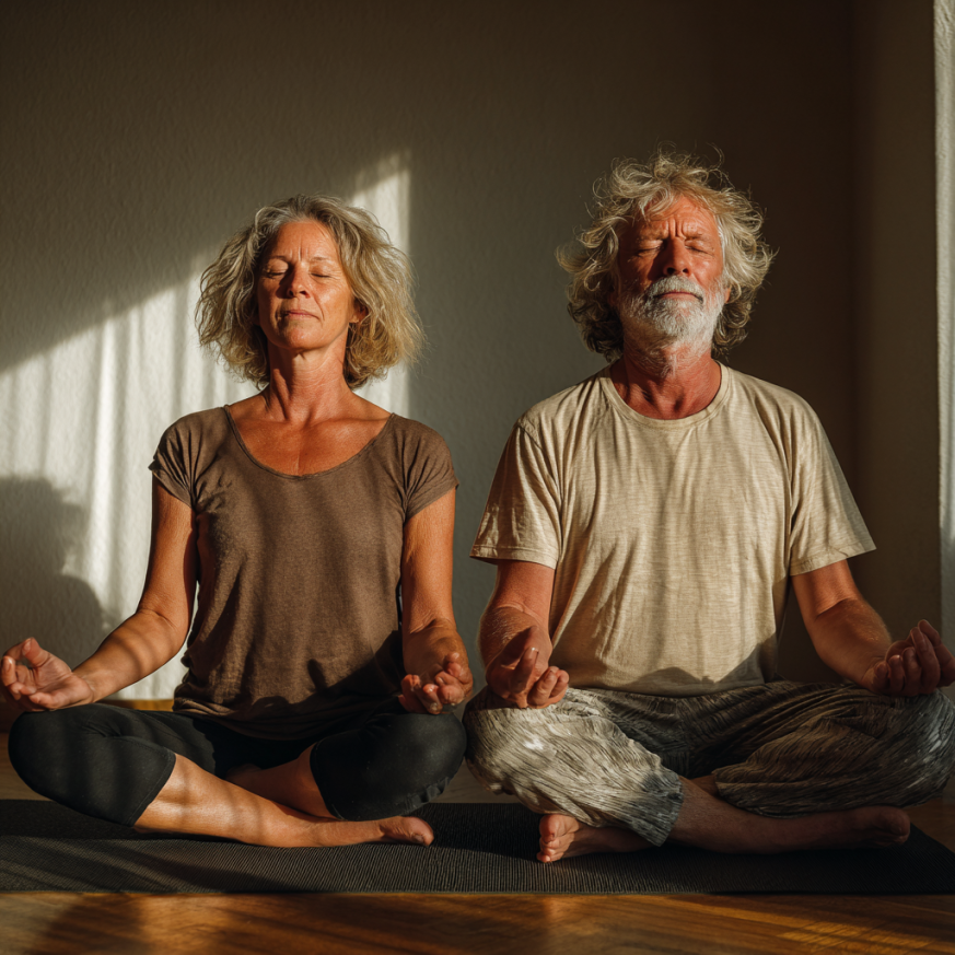 Група літніх людей займається йогою