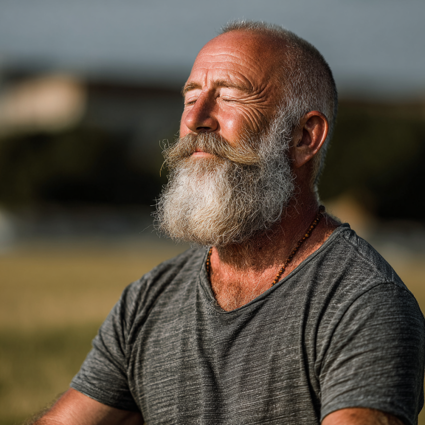 Літній чоловік у позі йоги